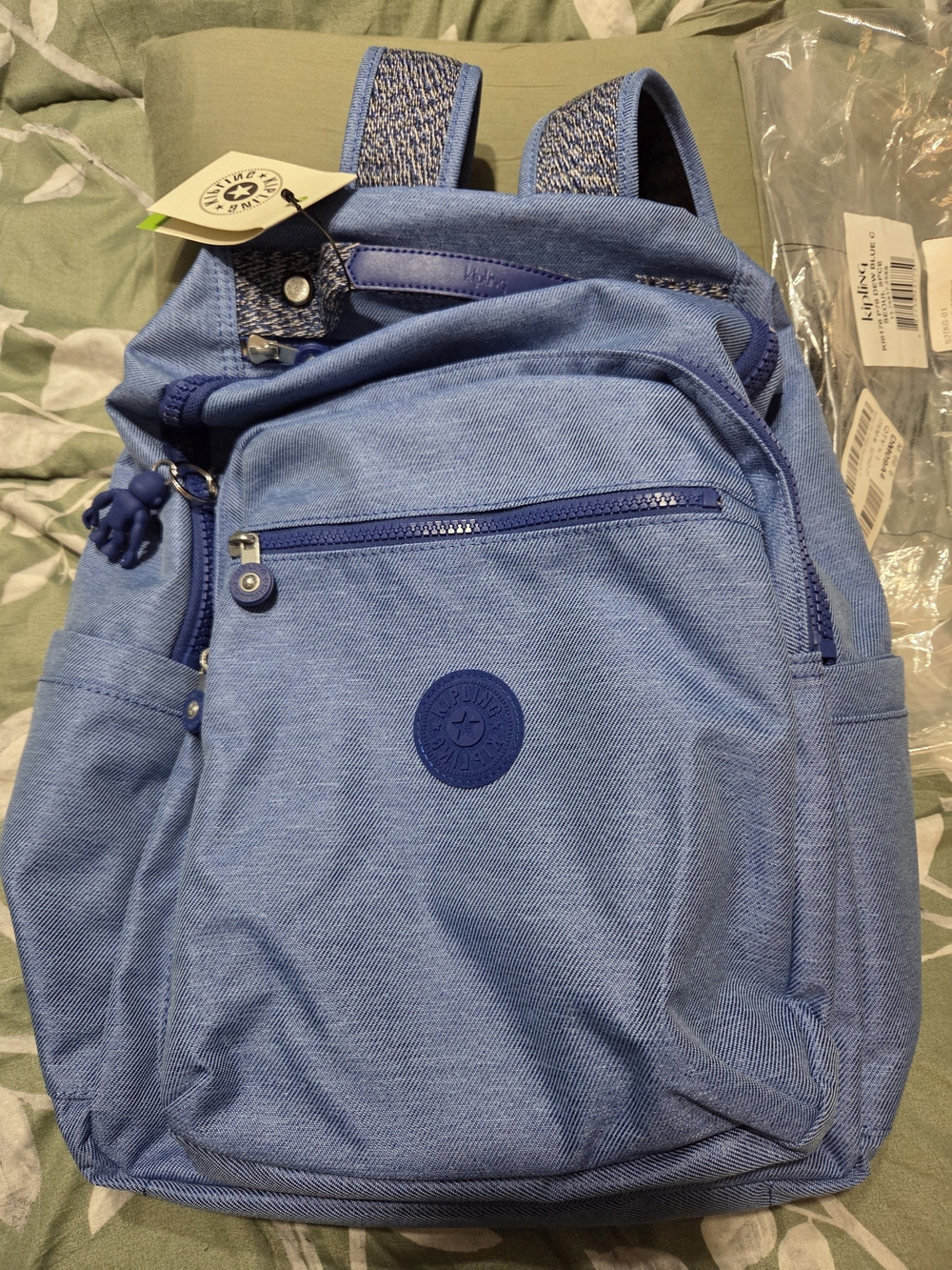 Kipling Seoul Large Dew Blue Backpack with Signature Monkey Charm